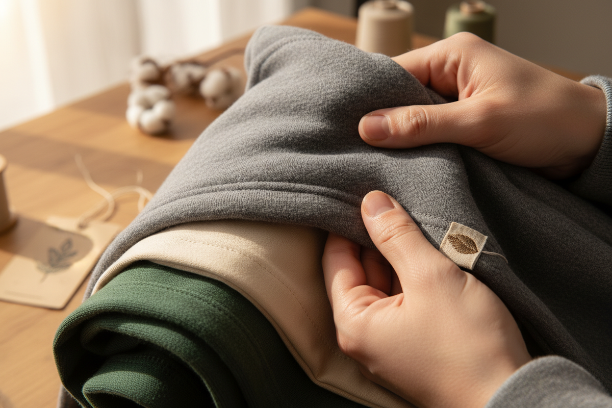 550×500 square image. Close-up shot of hands gently handling soft premium fabric, with hoodie, t-shirt, and sweatshirt textures visible. Emphasis on craftsmanship, stitching details, sustainable materials, natural fibers. Warm, soft daylight. A clean, modern, eco-friendly visual mood. No text.